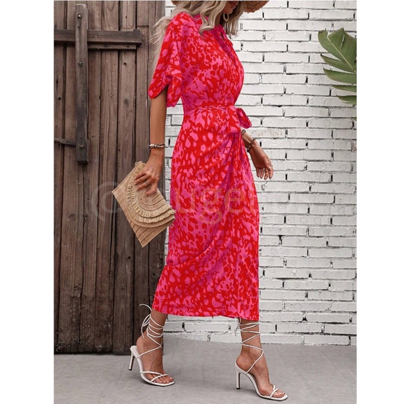 Spotted All Over Print Button Through Tie Belt Ruched Maxi Shirt Dress - Picture 4 of 10